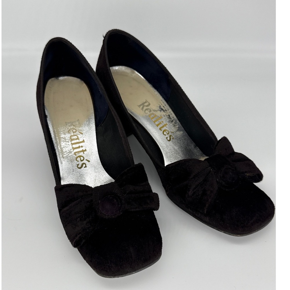 Realites Dark Brown Velvet Bow Block Heel Pumps Vintage Cabaret Retro Shoes 6.5